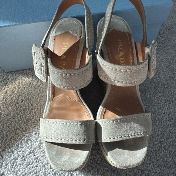 Prada Nude Suede Jute 4 inch Wedge Peep Toe Sandal 35.5 /  5.5 US $850 - Picture 7 of 14